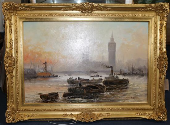 § Edward Henry Fletcher (1851-1945) View of the Palace at Westminster with tug boats on the Thames 20 x 30in.